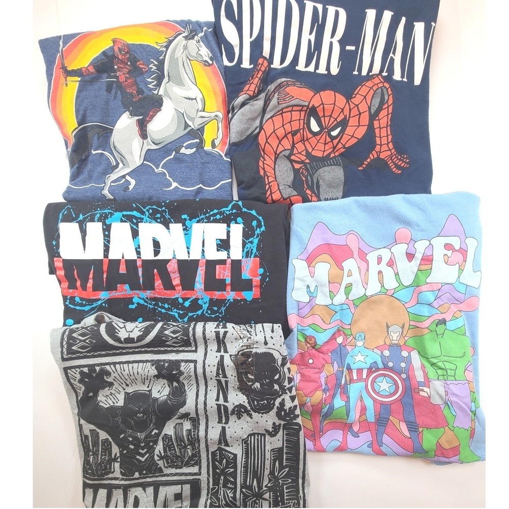 Marvel Comics Spider Man Deadpool Black Panther Avengers T-Shirt Men L Lots Of 5